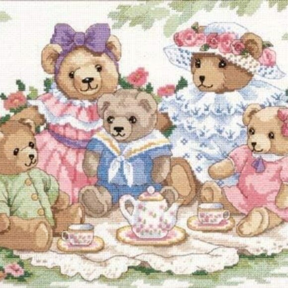 Dimensions Counted Cross Stitch Teddy Tea Party NWT - Picture 2 of 7